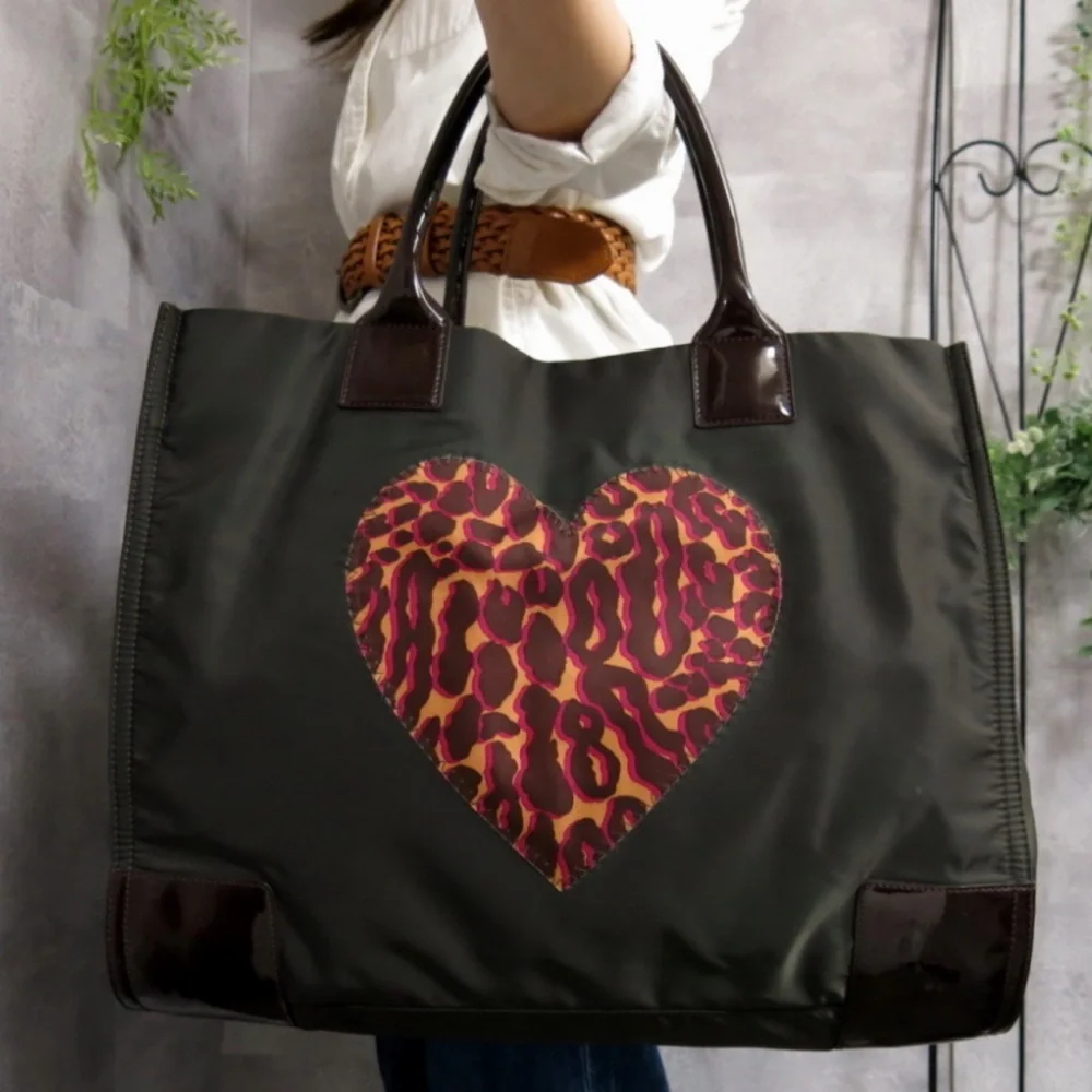 Tory Burch World Drive Black and Brown Leopard Heart Tote